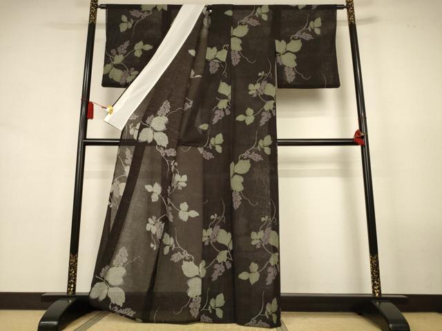 平和屋着物＊夏物　小紋　紗　葡萄蔦の葉文　洗える着物　AABL0826jd