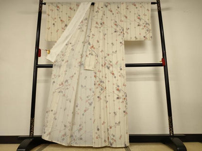 平和屋着物＊夏物　小紋　絽縮緬　枝花文　洗える着物　AABL0827jd
