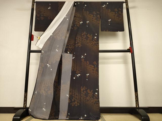 平和屋着物＊夏物　小紋　絽縮緬　蔦の葉文　洗える着物　AABL0851jd