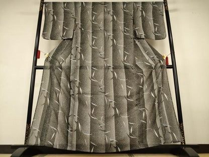 平和屋着物＊夏物　小紋　絽　枝葉間道　黒地　洗える着物　AABL0865jd