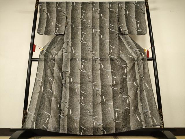 平和屋着物＊夏物　小紋　絽　枝葉間道　黒地　洗える着物　AABL0865jd