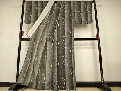 平和屋着物＊夏物　小紋　絽　枝葉間道　黒地　洗える着物　AABL0865jd