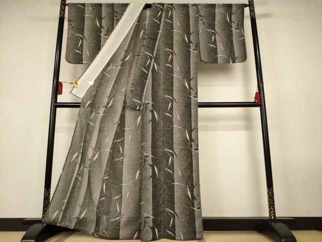 平和屋着物＊夏物　小紋　絽　枝葉間道　黒地　洗える着物　AABL0865jd