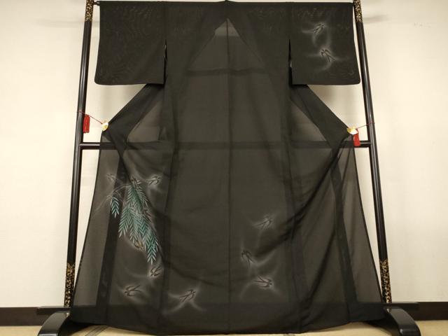 平和屋着物＊夏物　訪問着　絽　飛鳥文　暈し染め　黒地　洗える着物　AABL0879jd