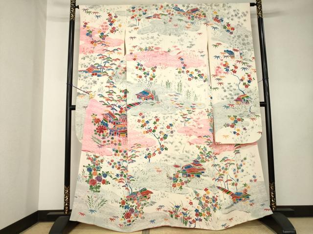平和屋着物●豪華振袖　型染め　流水花文　正絹　逸品　AABL0881ck