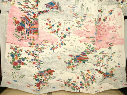 平和屋着物●豪華振袖　型染め　流水花文　正絹　逸品　AABL0881ck