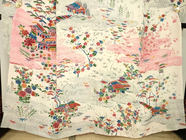 平和屋着物●豪華振袖　型染め　流水花文　正絹　逸品　AABL0881ck
