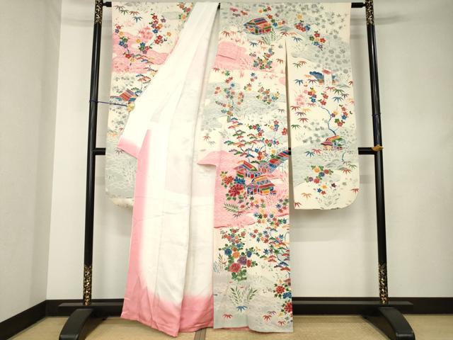 平和屋着物●豪華振袖　型染め　流水花文　正絹　逸品　AABL0881ck