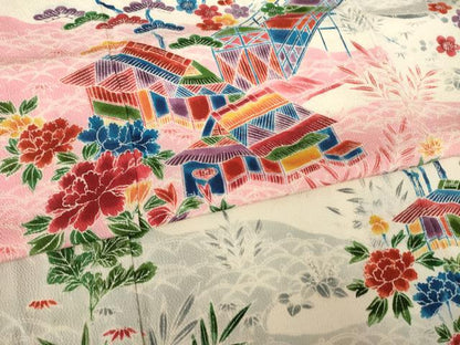 平和屋着物●豪華振袖　型染め　流水花文　正絹　逸品　AABL0881ck