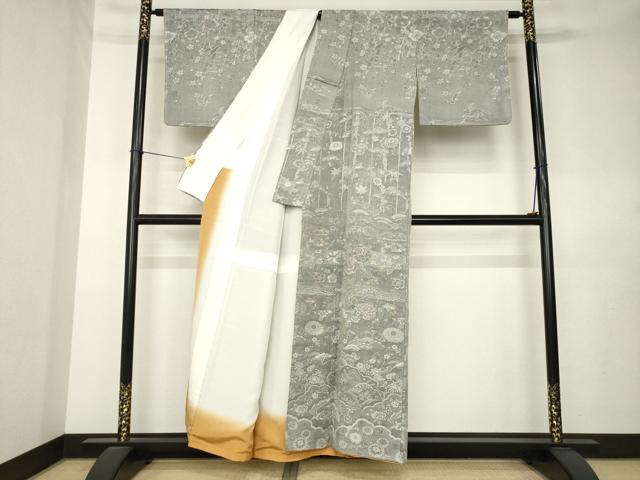 平和屋着物●山岡古都・古都染人　染織美術品　薬墨染　天目織　お召　訪問着　花鳥文　正絹　逸品　未使用　AABL0890ck