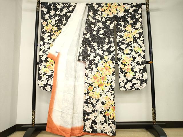 平和屋着物●豪華振袖　駒刺繍　枝梅　黒地　金彩　高島屋扱い　正絹　逸品　AABL0898ck