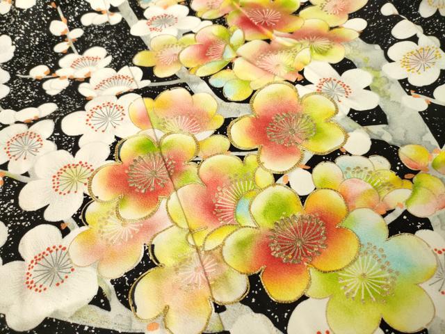 平和屋着物●豪華振袖　駒刺繍　枝梅　黒地　金彩　高島屋扱い　正絹　逸品　AABL0898ck