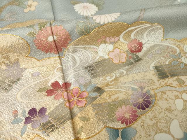 平和屋着物●訪問着　駒刺繍　流水花筏文　暈し染め　金銀彩　三越扱い　正絹　逸品　AABL0902ck