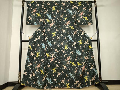 平和屋着物●上質な小紋　舞花文　黒地　正絹　逸品　AABL0908ck