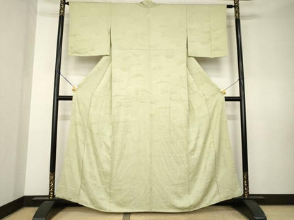 平和屋着物●上質な色無地　風景地紋　白橡色　正絹　逸品　AABL0923ck