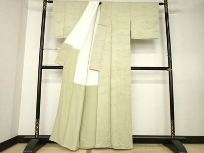 平和屋着物●上質な色無地　風景地紋　白橡色　正絹　逸品　AABL0923ck