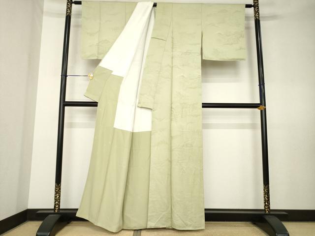 平和屋着物●上質な色無地　風景地紋　白橡色　正絹　逸品　AABL0923ck