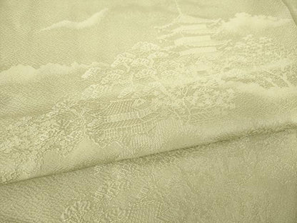 平和屋着物●上質な色無地　風景地紋　白橡色　正絹　逸品　AABL0923ck