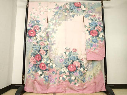 平和屋着物●豪華振袖　草花文　暈し染め　金銀彩　銀通し地　正絹　逸品　AABL0924ck