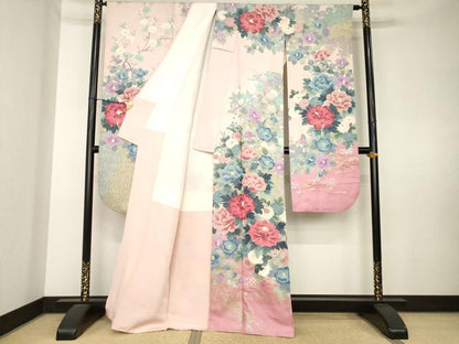 平和屋着物●豪華振袖　草花文　暈し染め　金銀彩　銀通し地　正絹　逸品　AABL0924ck