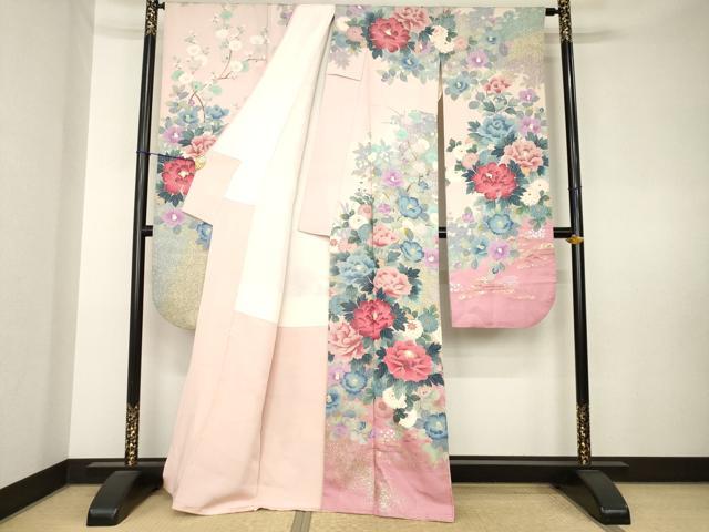 平和屋着物●豪華振袖　草花文　暈し染め　金銀彩　銀通し地　正絹　逸品　AABL0924ck