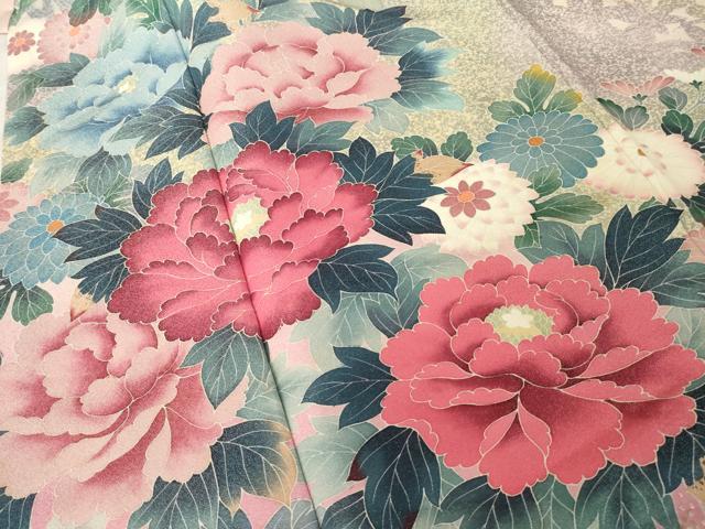平和屋着物●豪華振袖　草花文　暈し染め　金銀彩　銀通し地　正絹　逸品　AABL0924ck
