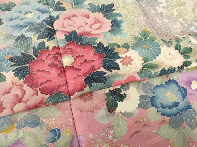 平和屋着物●豪華振袖　草花文　暈し染め　金銀彩　銀通し地　正絹　逸品　AABL0924ck