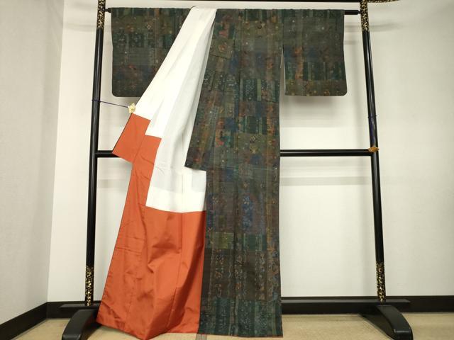 平和屋着物●小千谷紬　横段花文　正絹　逸品　AABL0926ck