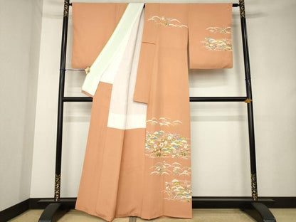 平和屋着物●訪問着　駒刺繍　松花文　金彩　正絹　逸品　AABL0934ck