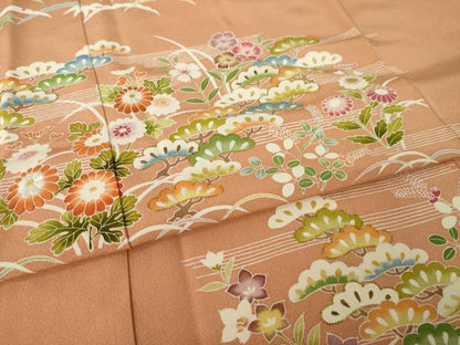 平和屋着物●訪問着　駒刺繍　松花文　金彩　正絹　逸品　AABL0934ck