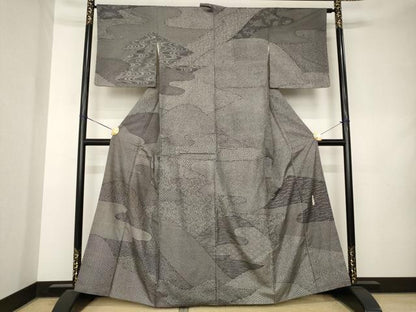 平和屋着物●重要無形文化財　人間国宝　中村勇二郎　本場大島紬　染大島　江戸小紋　訪問着　流水文　黒地　正絹　逸品　AABL0936ck