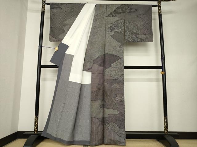 平和屋着物●重要無形文化財　人間国宝　中村勇二郎　本場大島紬　染大島　江戸小紋　訪問着　流水文　黒地　正絹　逸品　AABL0936ck