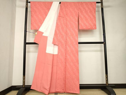 平和屋着物●上質な色無地　草花地紋　甚三紅色　正絹　逸品　未使用　AABL0943ck