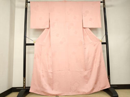 平和屋着物●上質な色無地　雪輪花地紋　珊瑚色　正絹　逸品　AABL0949ck