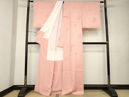 平和屋着物●上質な色無地　雪輪花地紋　珊瑚色　正絹　逸品　AABL0949ck