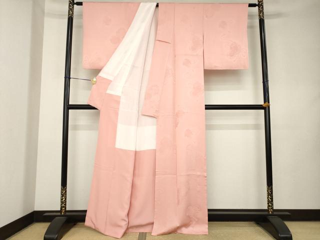 平和屋着物●上質な色無地　雪輪花地紋　珊瑚色　正絹　逸品　AABL0949ck
