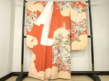 平和屋着物●豪華振袖　駒刺繍　幔幕鴛鴦花文　金彩　正絹　逸品　AABL0956ck