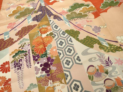 平和屋着物●豪華振袖　駒刺繍　幔幕鴛鴦花文　金彩　正絹　逸品　AABL0956ck