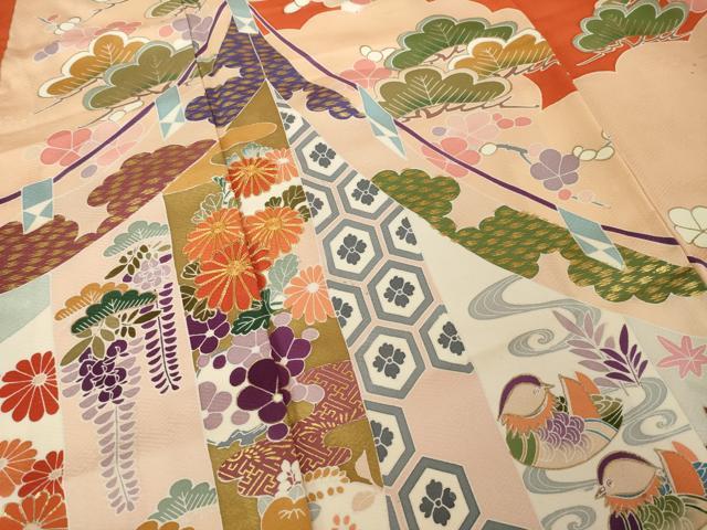 平和屋着物●豪華振袖　駒刺繍　幔幕鴛鴦花文　金彩　正絹　逸品　AABL0956ck