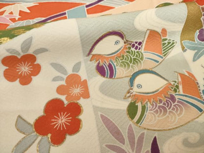 平和屋着物●豪華振袖　駒刺繍　幔幕鴛鴦花文　金彩　正絹　逸品　AABL0956ck