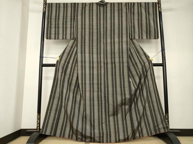 平和屋着物●上質な紬　縞　黒地　正絹　逸品　AABL0959ck