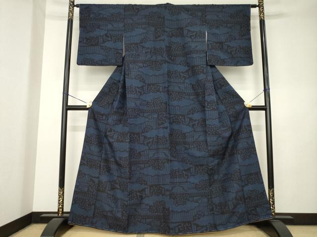 平和屋着物●結城紬　80亀甲　風景文　正絹　逸品　未使用　AABL0962ck
