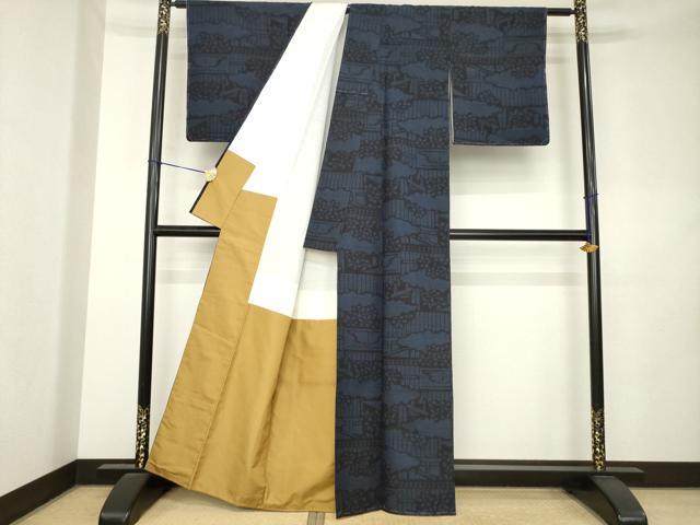 平和屋着物●結城紬　80亀甲　風景文　正絹　逸品　未使用　AABL0962ck