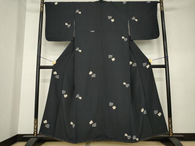 平和屋着物●上質な小紋　色紙唐草花文　濃紺地　正絹　逸品　未使用　AABL0977ck