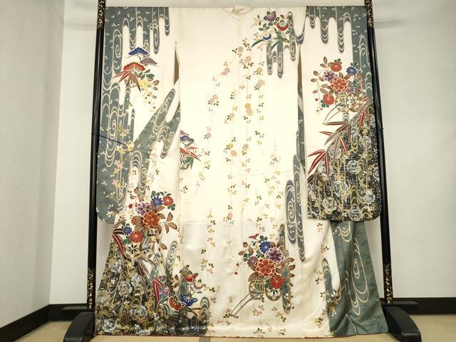 平和屋着物●豪華振袖　駒刺繍　花車文　ロング丈　正絹　逸品　AABL0980ck