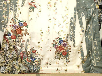 平和屋着物●豪華振袖　駒刺繍　花車文　ロング丈　正絹　逸品　AABL0980ck