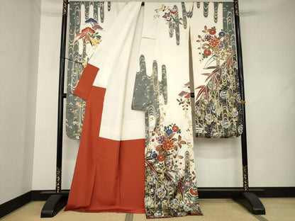 平和屋着物●豪華振袖　駒刺繍　花車文　ロング丈　正絹　逸品　AABL0980ck