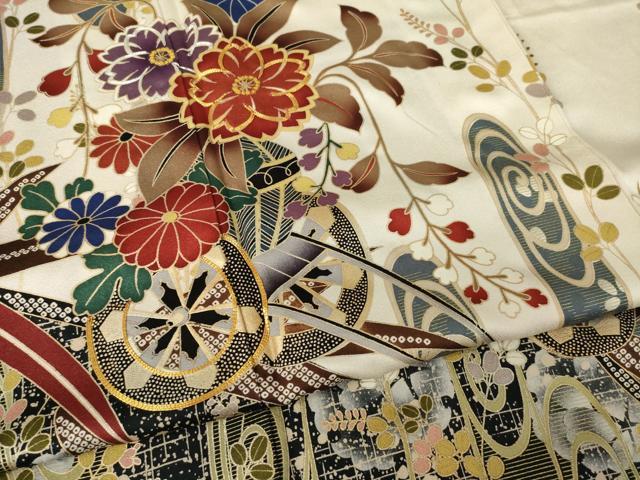 平和屋着物●豪華振袖　駒刺繍　花車文　ロング丈　正絹　逸品　AABL0980ck