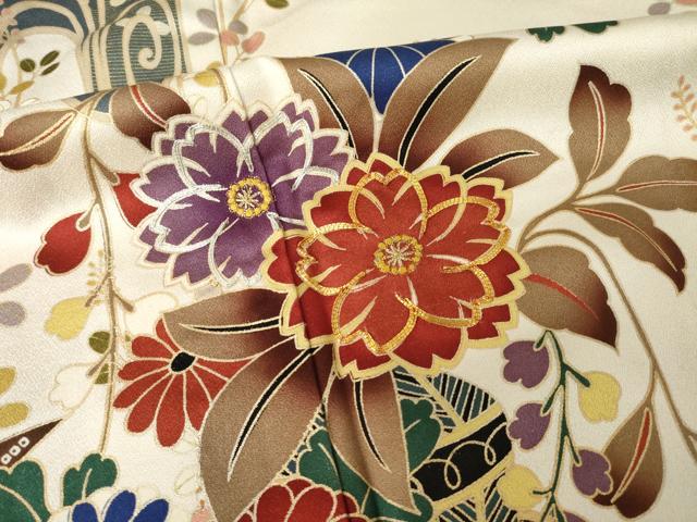 平和屋着物●豪華振袖　駒刺繍　花車文　ロング丈　正絹　逸品　AABL0980ck