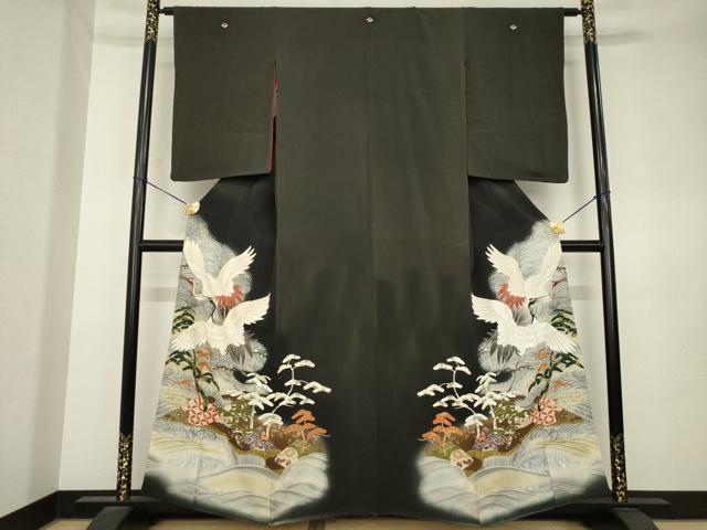 平和屋本店●アンティーク　大正ロマン　黒留袖　刺繍　飛鶴文　両褄　金糸　正絹　逸品　AABL0998ck